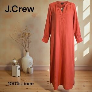 J.Crew Linen Terra Cotta Red Size M Long Sleeve Pockets Maxi Dress